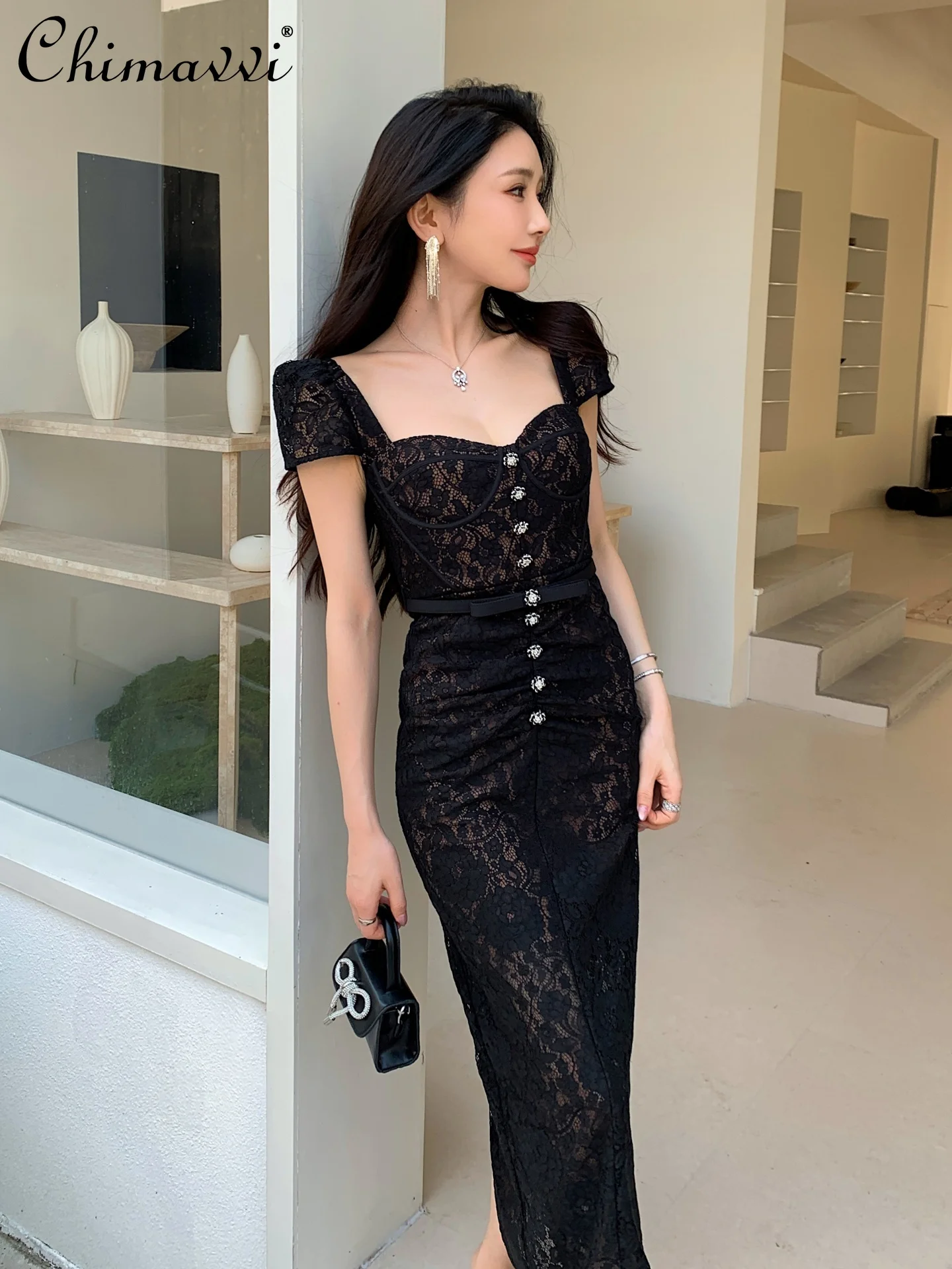 

High-end Fashion Lace Long Dress 2025 Autumn Clothes New Heavy Slim Fit Elegant Black Dress Sexy Women's Evening Gown Dresses