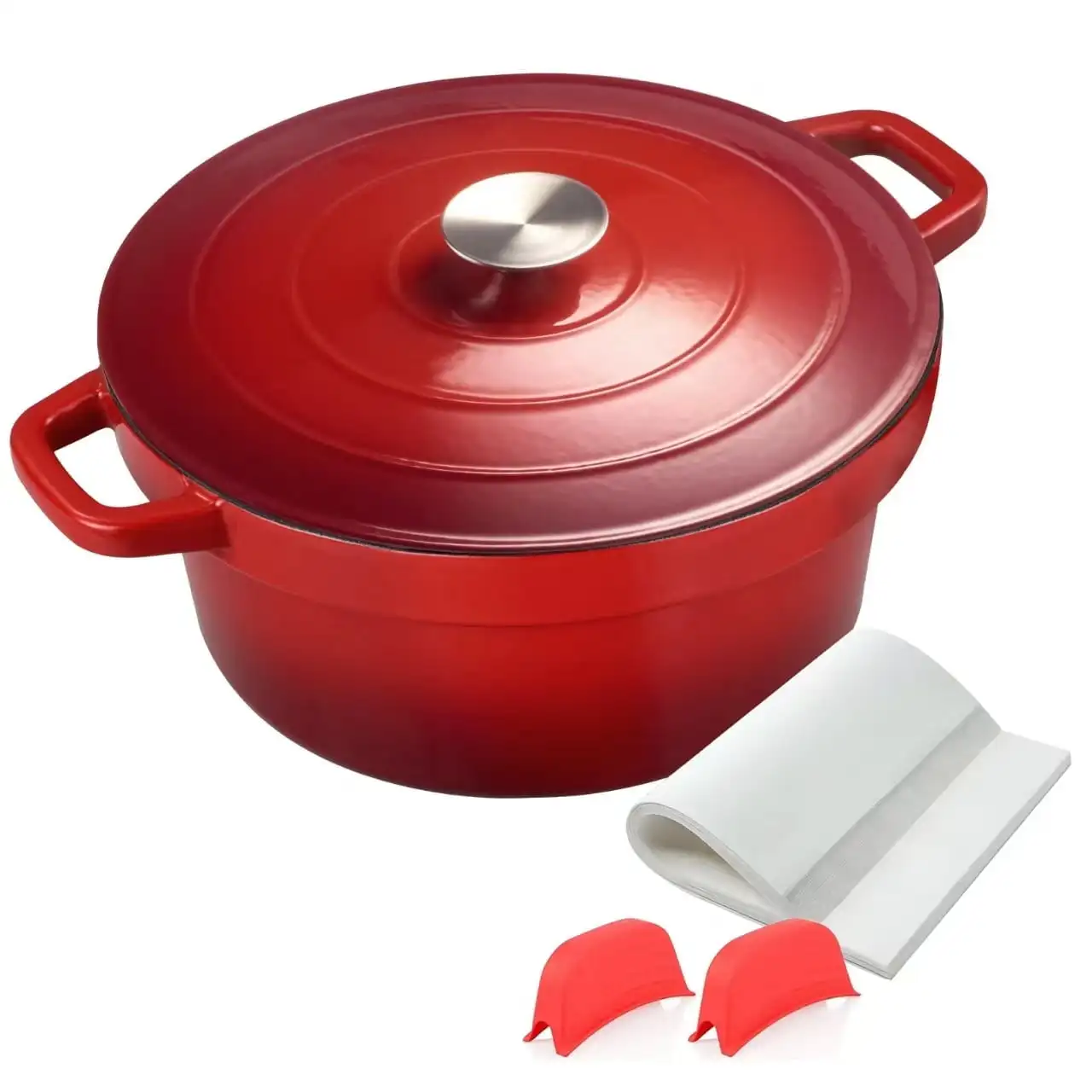 

6QT Enameled Cast Iron Dutch Oven Pot with lid, Free Silicone Gloves and 50 Pcs Baking Paper Liner, Heavy-Duty & Non-stick