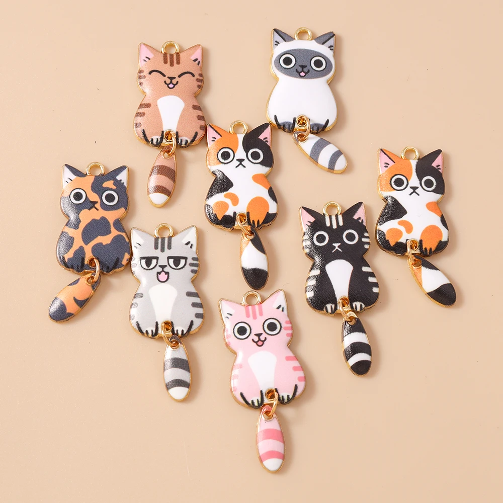 Leslie 10pcs Colorful Striped Cat Charms Lovely Cute Spotted Cat Pendants For Necklace Earring Keychains Diy Jewelry Making