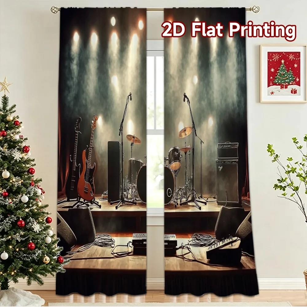 2D flat 2pcs Curtain Country Style Live Band Stage Digitally printed polyester Festive Curtains for Holiday Celebrations for