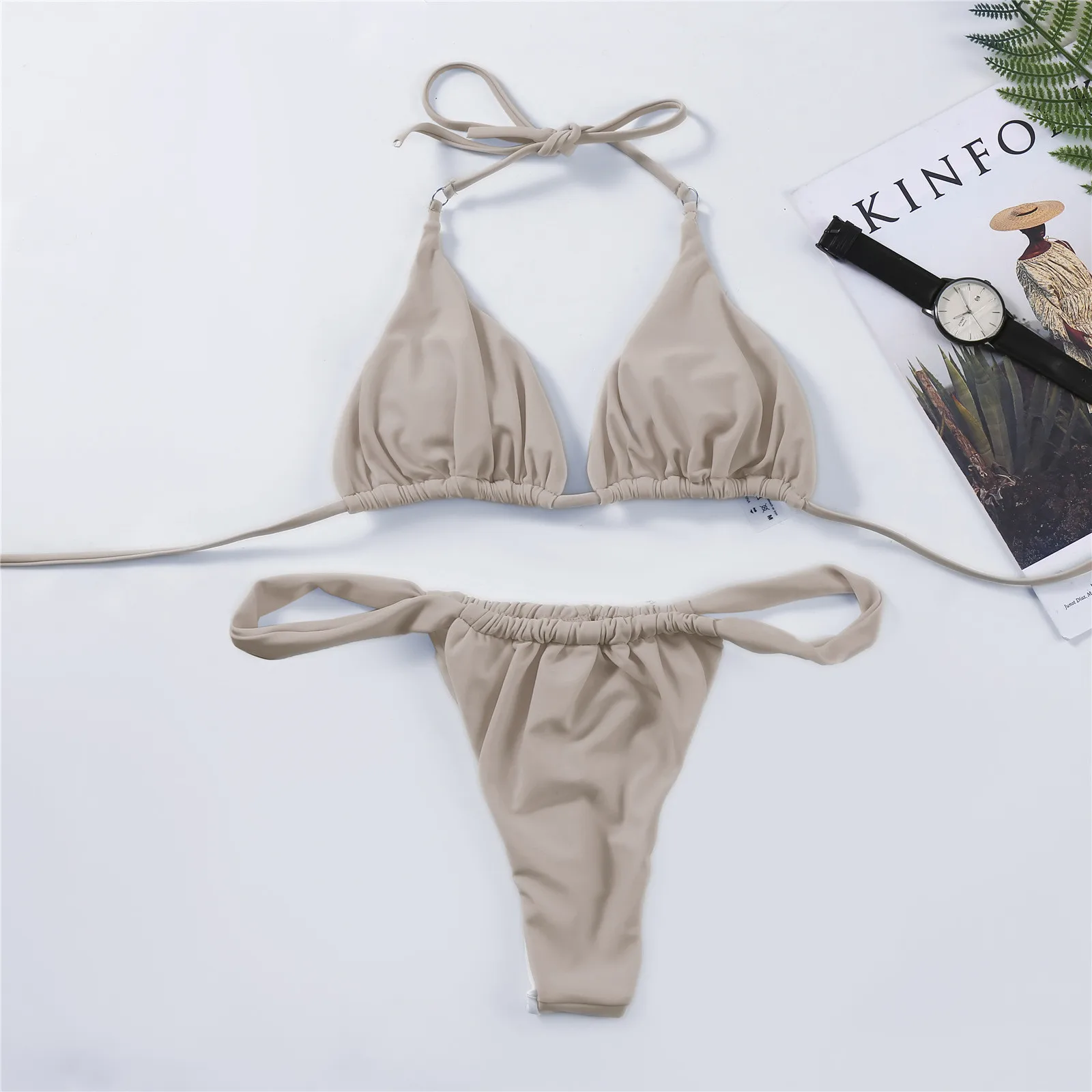 Conjuntos de Bikinis sexis para mujer, ropa de playa unicolor con copa triangular, Tanga de cintura baja, Bikini brasileño, trajes de baño de playa con vendaje, Bikini