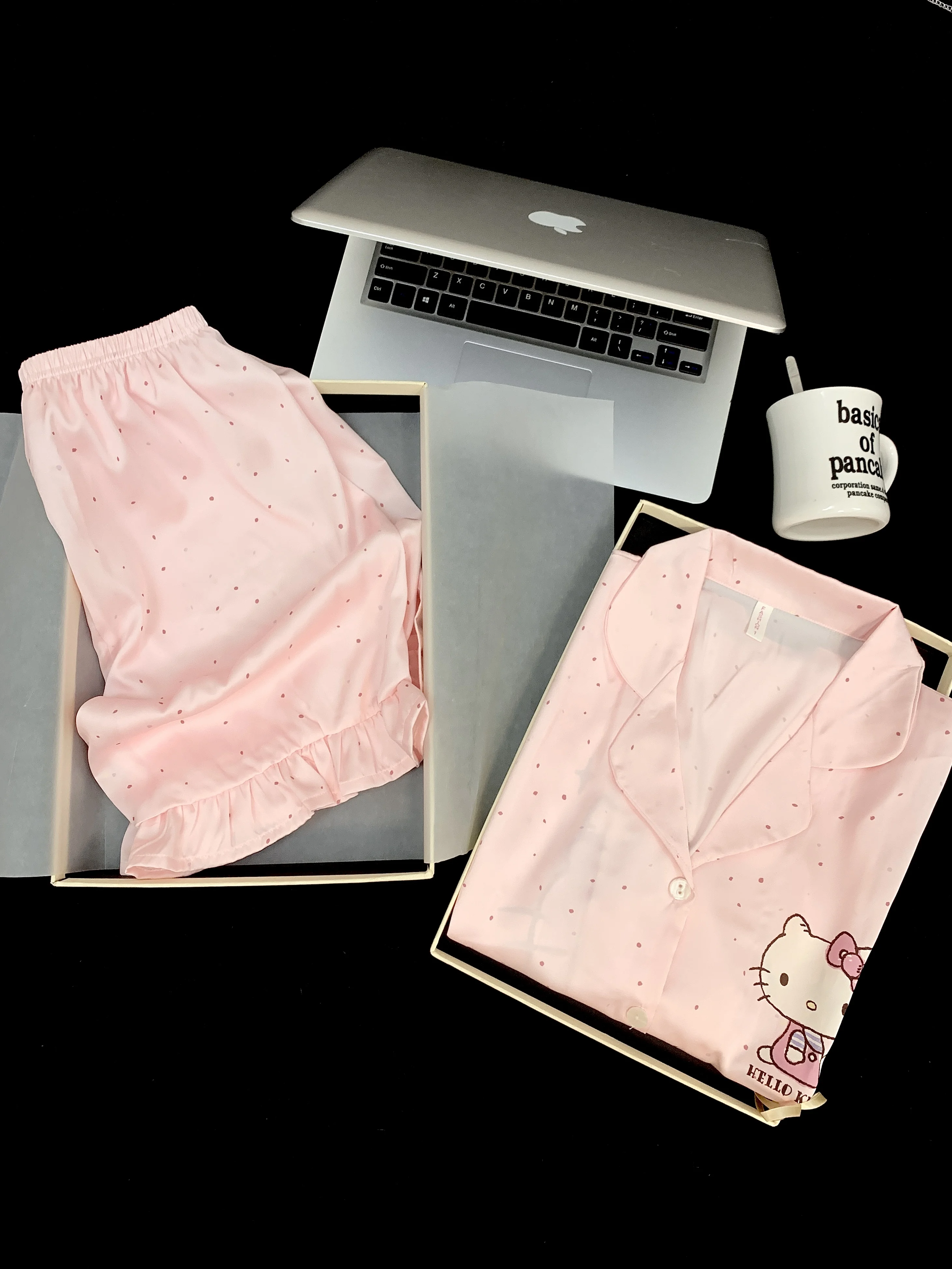 Летние розовые пижамы KT Cat из ледяного шелка, женские пижамы с короткими рукавами, крутой милый комплект домашней одежды