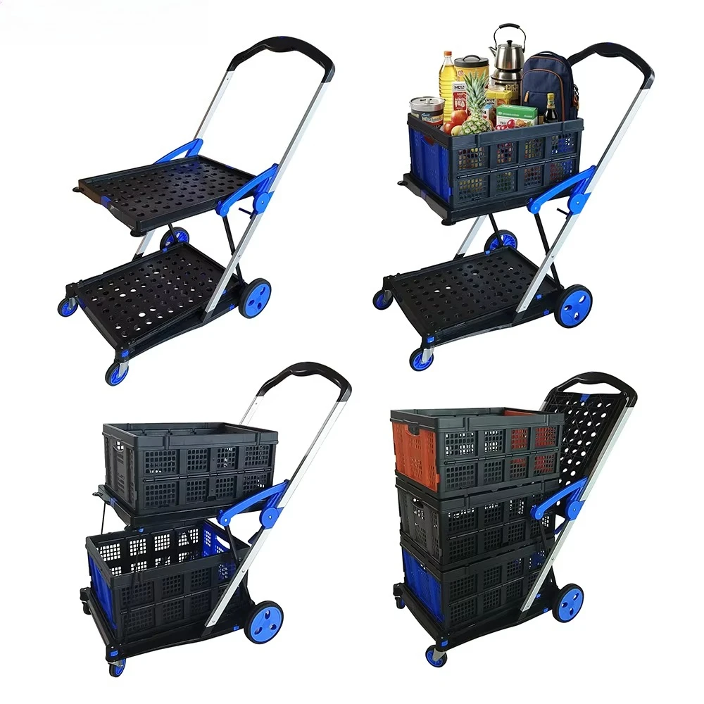 Carritos Plegables Multiusos, Carrito de Compras Resistente con Caja de Almacenamiento, Carrito Plegable Móvil para Limpieza del Hogar