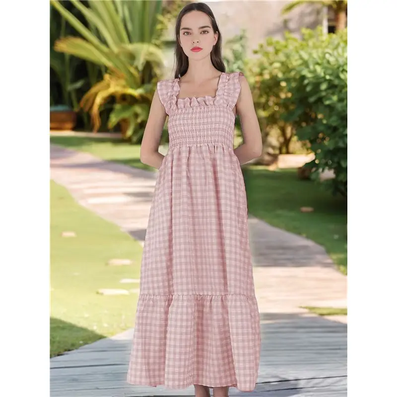 ABRT-Women's Retro Plaid Smocked Dress Spaghetti Strap Flounce Long Dress