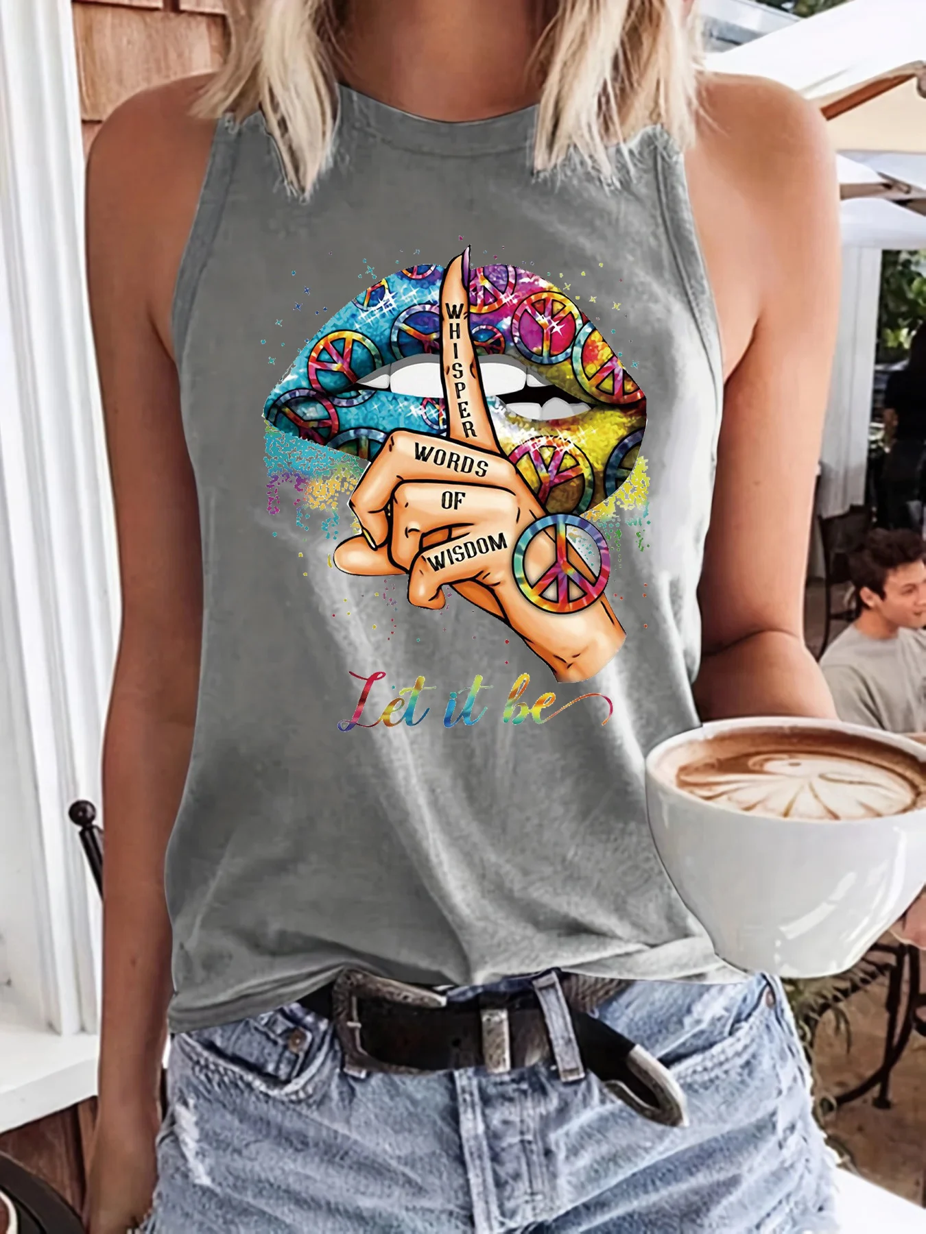 Sommer Frauen bunte Lippen abdruck Finger abdruck lose Größe Rundhals ausschnitt ärmelloses Tank Top T-Shirt