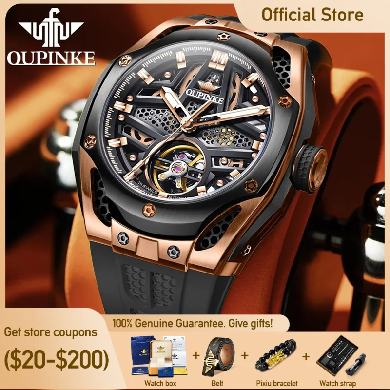 

OUPINKE 9003Mens Watch Original Fashion Automatic Mechanical Watch Hollowing Out Movement Waterproof Luminous Watches Luxury Men