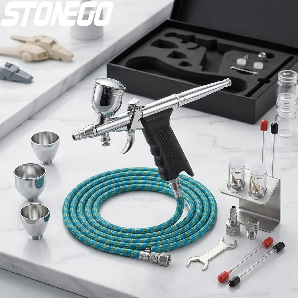 

Набор для аэрографии двойного действия с иглами 0,3 мм, 0,5 мм, 0,8 мм и емкостями для краски 2 мл, 5 мл, 13 мл для нейл-арта, украшения тортов, тату и макияжа