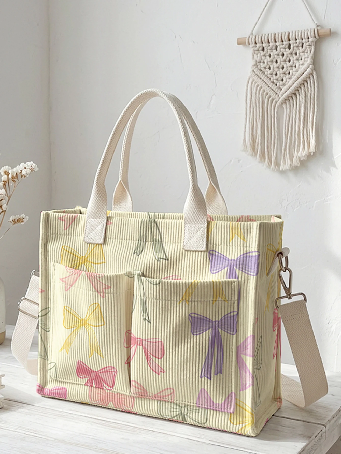 

Colorful Bow Print Corduroy Tote Bag Large Capacity Multi Pocket Girls Commuter Shoulder Bag