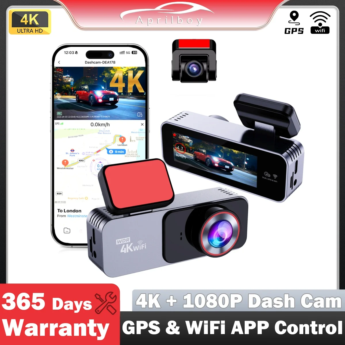 

Aprilboy HD 4K Dashcam Buiil-in WIFI Видеорегистратор Автомобильный видеорегистратор Поддержка GPS Двойной объектив Задняя 1080P Автомобильная камера 24H Парковка Ночное видение