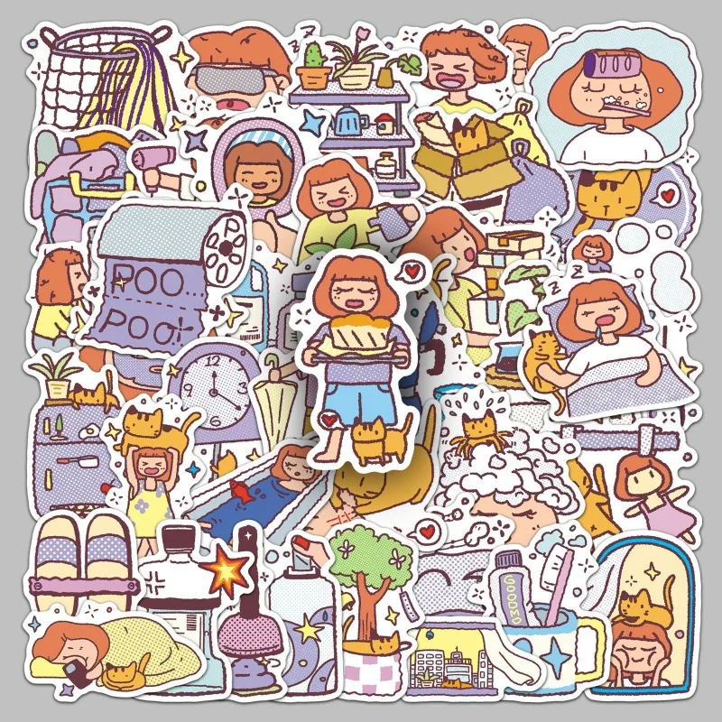 50Pcs Home Girl Stickers Cartoon Hand-drawn Girl Daily Home Doodle Earphone Water Cup Journal Stickers
