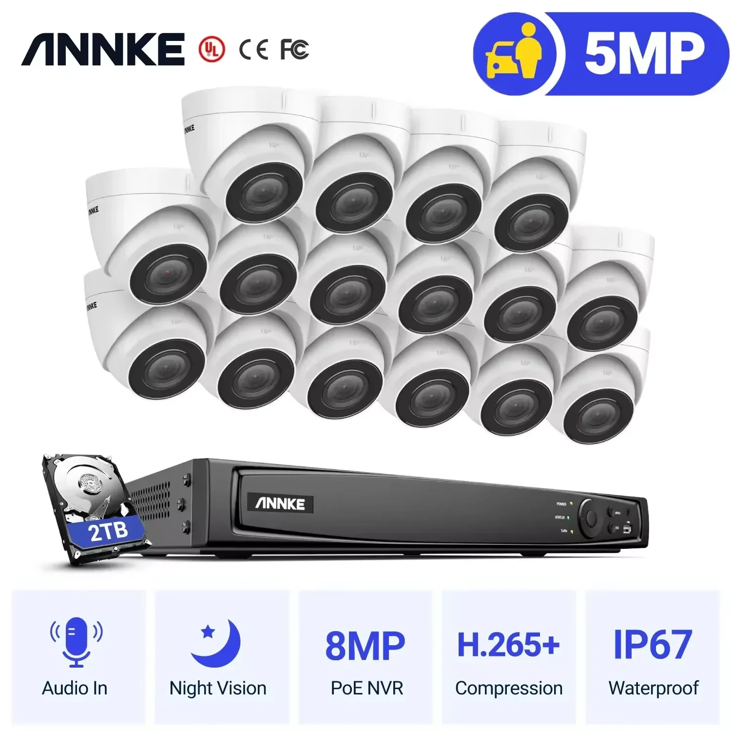 

ANNKE 5MP H.265+ 16CH PoE Network Video Security System 16pcs 2.8mm Lens IP67 Outdoor POE IP Cameras Plug & Play PoE Camera Kit