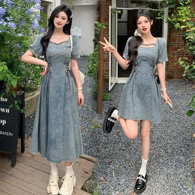 French square neck denim dress for plus size women, summer puff sleeve waist-tight skirt, flesh-concealing and slim-fitting