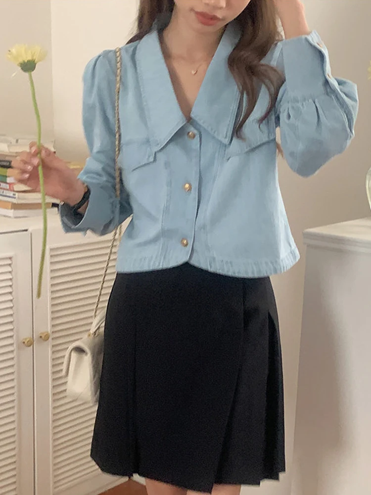 Csa de Denim Curta de Manga Longa Estilo Retro Chic, Ajuste Solto, Estilo Versátil, Fechamento com Botão, Cor Pura, Moda d...