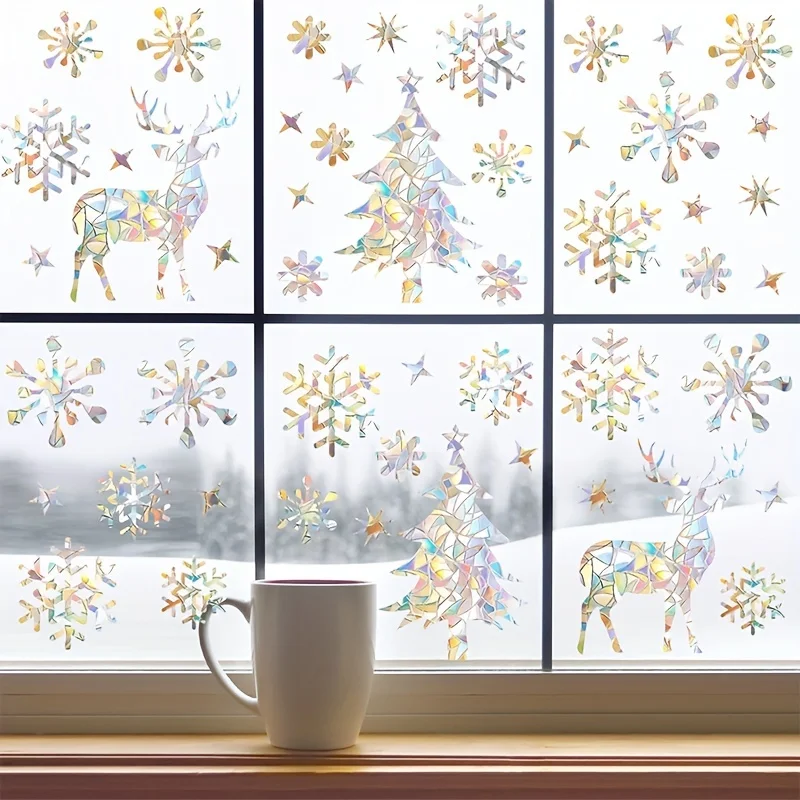 

Holiday Window Stickers - Colorful Snowflake and Reindeer Patterns, Anti static Glass Stickers, Christmas Decorations, 2 sheets