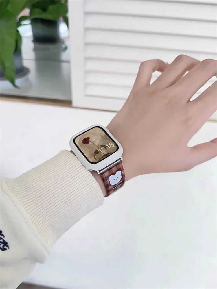 Korea Cute Bear Strap+Case For Apple Watch Band Ultra 2 49mm 45 44mm 41 40 42 Correa Clear Band For Watch Series 9 8 7 6 SE 5 4