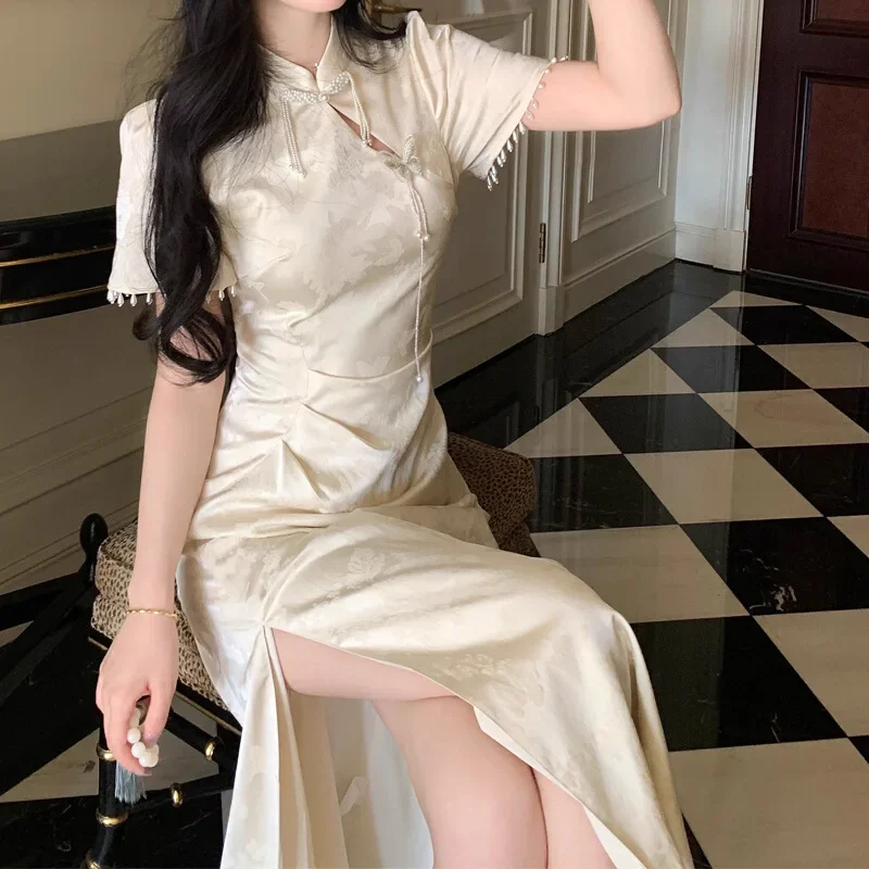 

Elegant Long Qipao Summer Floral Dress for Women 2024 Chinese Cheongsam Short Sleeve Stand Collar Beige Vintage Chinese Dresses