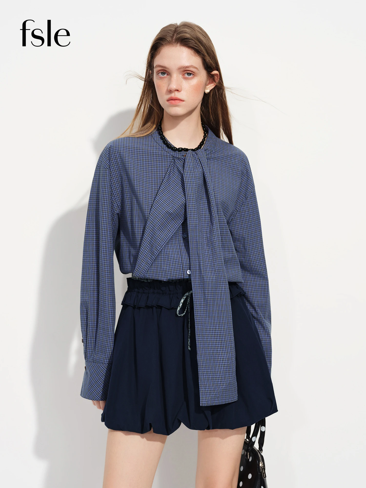 

FSLE Retro Design Plaid Bow Long Sleeve Blouse 2026 Spring New Arrival Collection for Women 100% Cotton Shirts Commuter style