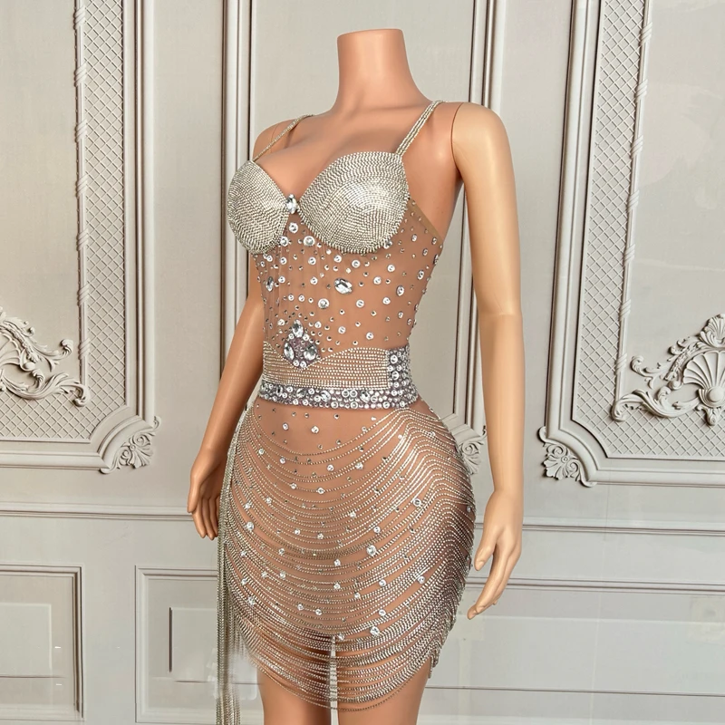 فستان مثير بسلسلة من أحجار الراين الشبكية للنساء فساتين حفلات رقص الجاز ملابس مهرجان المسرح بار ملهى ليلي DJ Gogo زي XS10627 #2