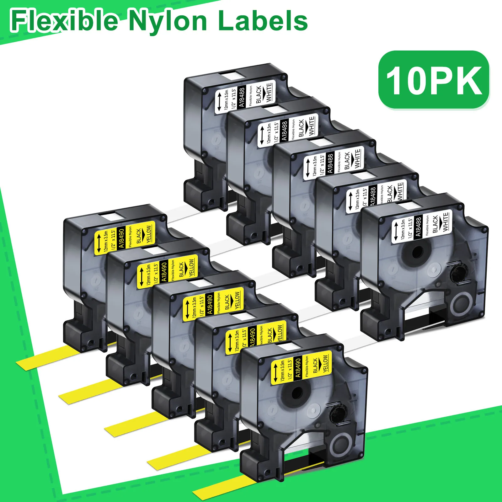 3-10PK 18488 Compatible for Dymo 18489 A18490 18491 12/19mm Flexible Nylon Label Tape For DYMO Rhino 1000 4200 5200 6000 Printer
