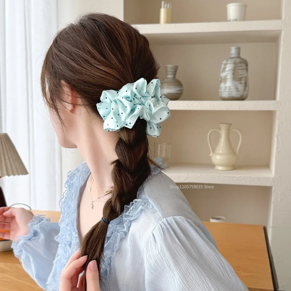 Blue Polka Dot Satin Scrunchie for Women Elegant Shiny Elastic Hair Ties Vintage Style Hair Accessories Summer Daily Styling