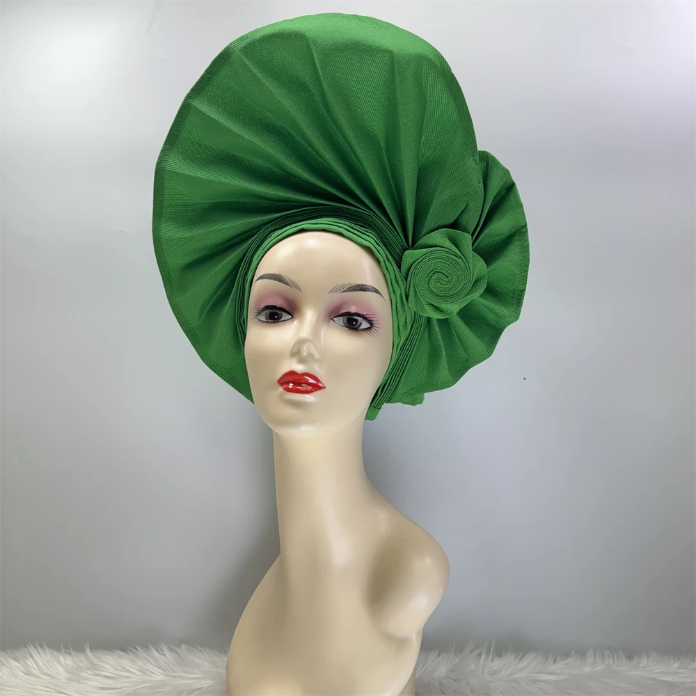 Pure Color Nigerian Applique Gele Headtie Aso Oke Gele Already Made Auto Gele Aso Ebi Headtie African Turban Cap For Party 1Set