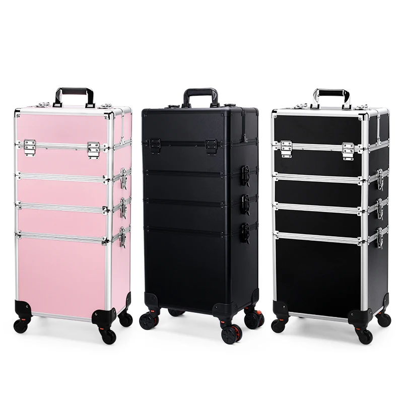 4 in 1 Aluminum Rolling Makeup Case On Wheels Cosmetic Storage Organizer Travel Train Case Divider With Labor-Saving Wheel