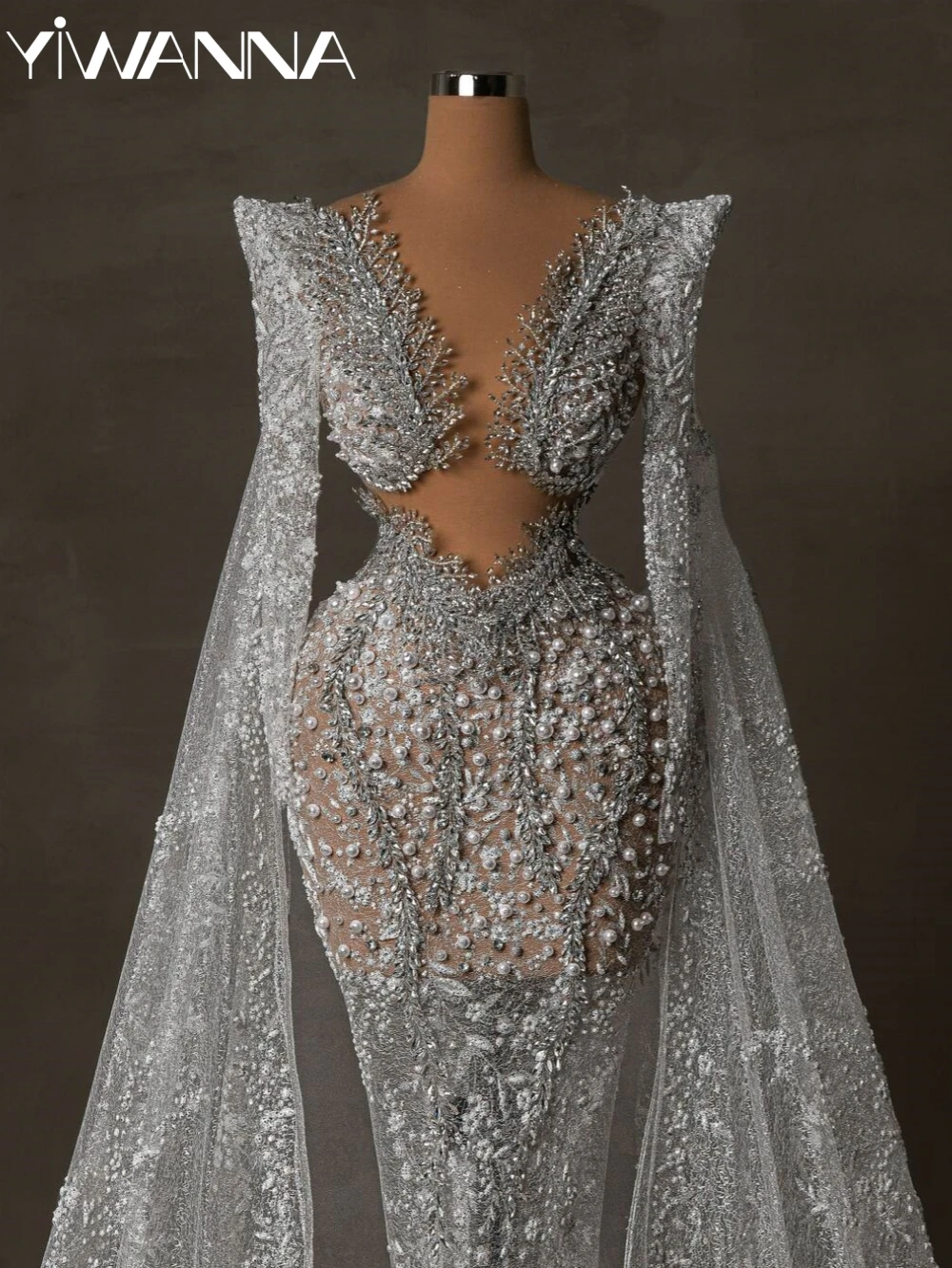 

Luxury Pearls Crystal Wedding Dress With Capes Illusion V-neck Long Sleeve Bridal Gown 2025 Customized Mermaid Dresses For Bride