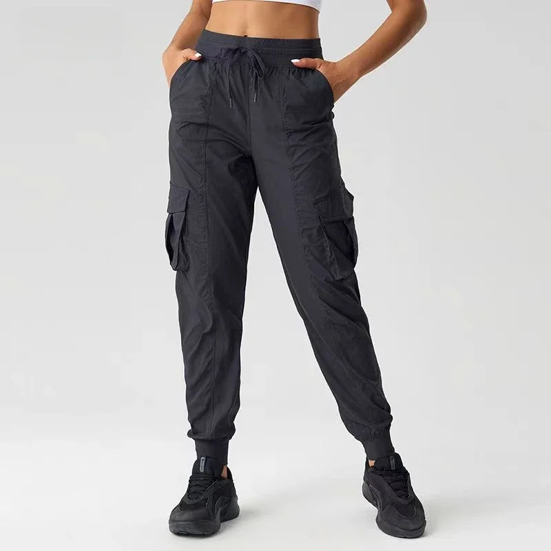 Lemon Dance Studio Relaxed Fit Mid Rise Cargo Jogger Women Lightweight Drawstring Sports Trousers Athletic Joggers With Pockets