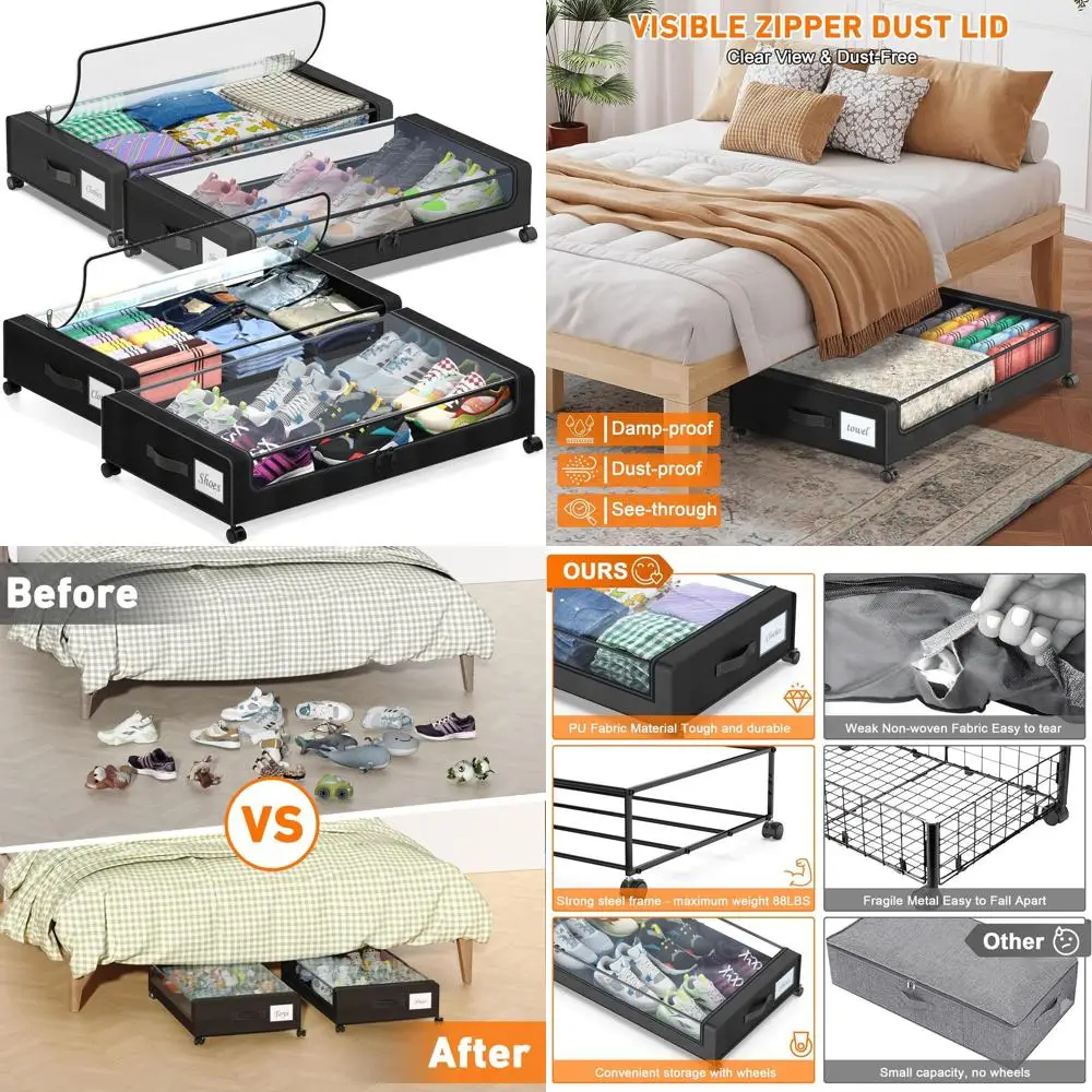 

4-Pack XXL 60L Clear Lid Rolling Underbed Storage Bins for Clothes, Shoes, and Toys (Black)