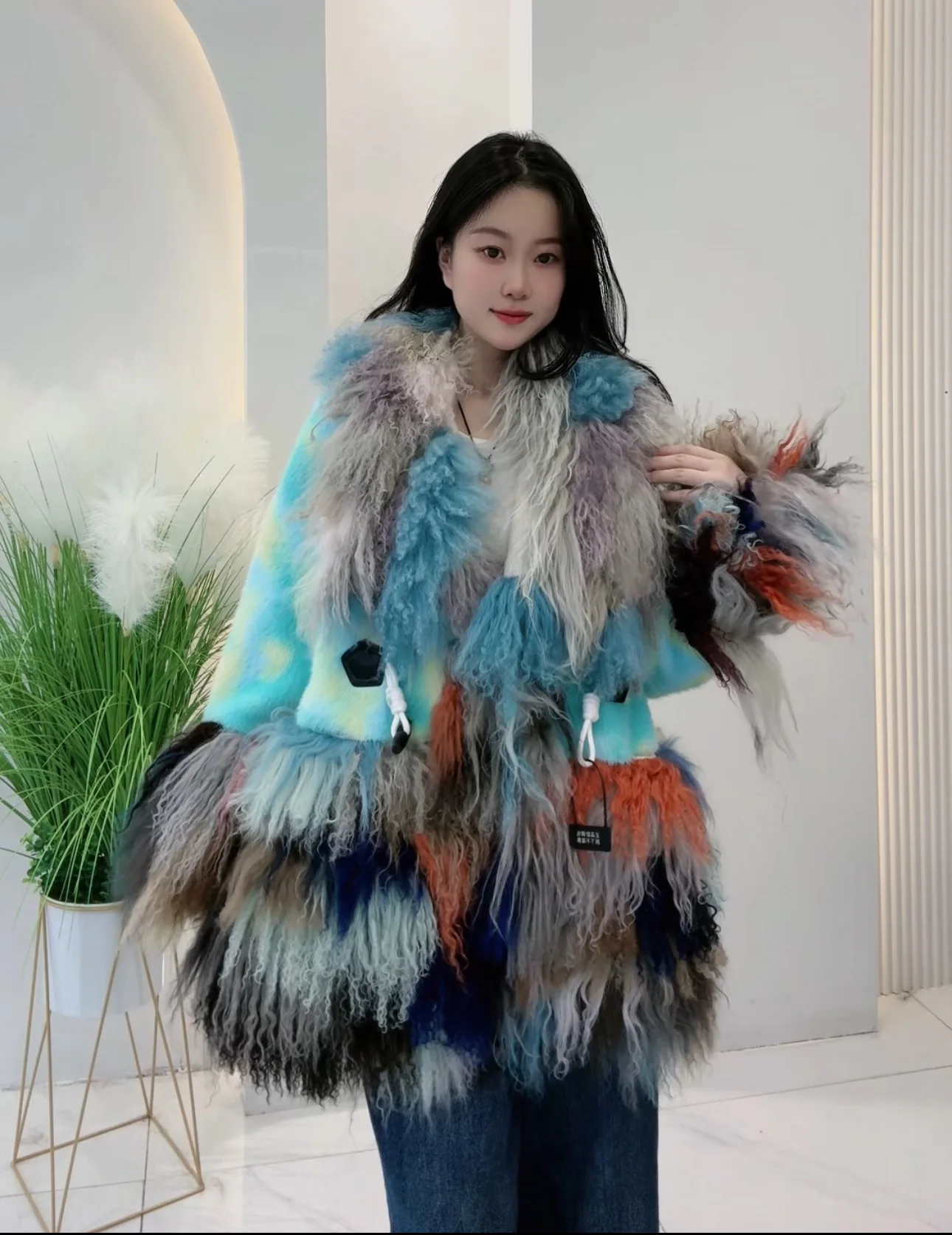 الخريف الشتاء الصباغة قوس قزح الفراء سترة أنيقة سيدة غير النظامية شرابة منتفخ معطف منتصف طويلة فضفاضة طويلة الأكمام فو الفراء معطف #3