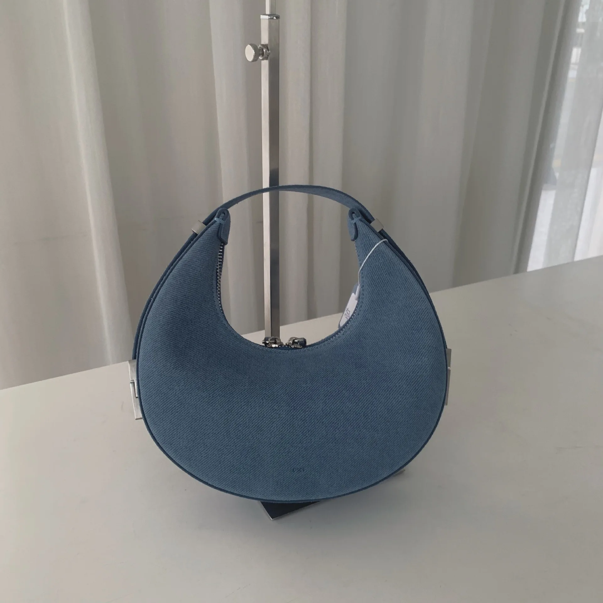 

FIRMRANCH 2024 New Textured Denim Blue Korean Crescent Design Single Shoulder Underarm Bag Half Moon Women's Chic Cowhide Purse