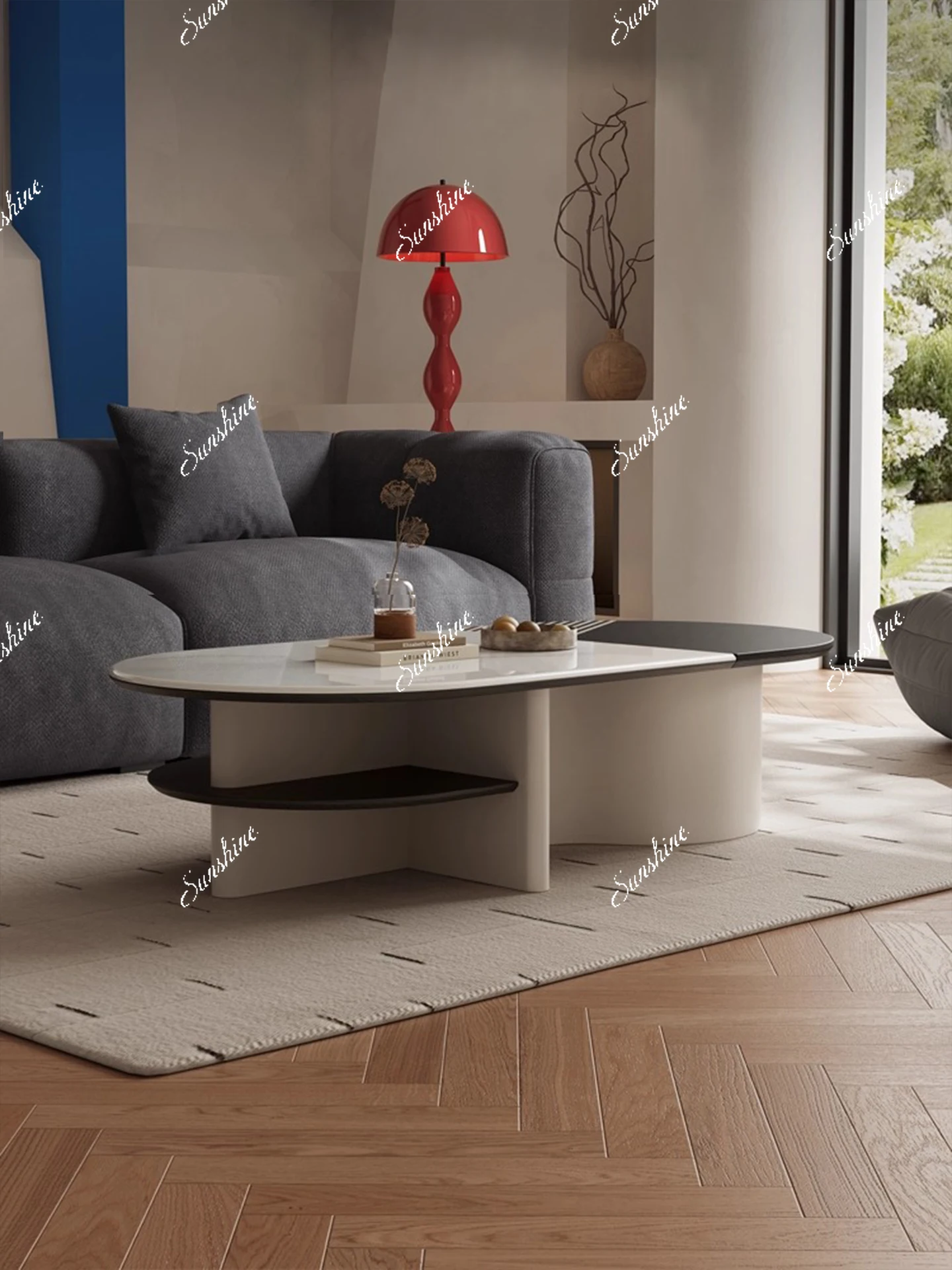 Minimal microcrystalline stone coffee table Modern living room Household small apartment Oval high-end tea table