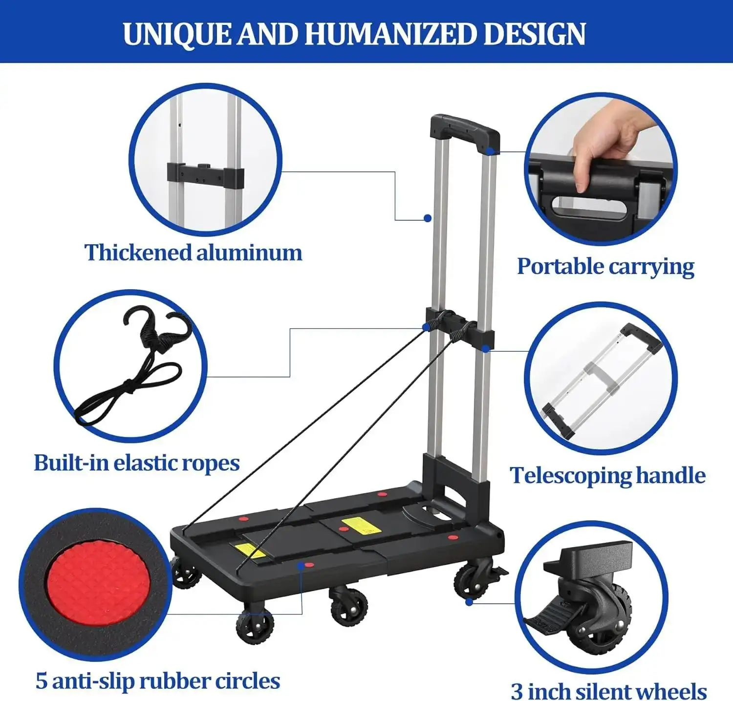 Folding Hand Truck, 500 LBS Collapsible Dolly Cart, Luggage Cart Heavy Duty with 6 Rotary Wheels (2 Brake Wheels)