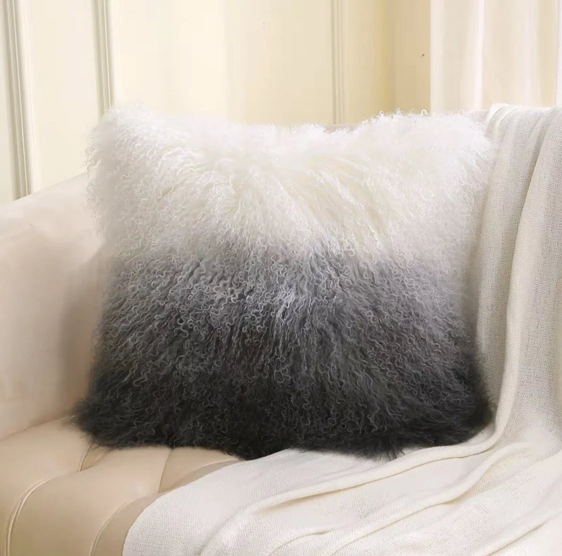 Tip Dyed CURLY MONGOLIAN LAMB FUR Pillow Cushion Cover,New, Hot Sale