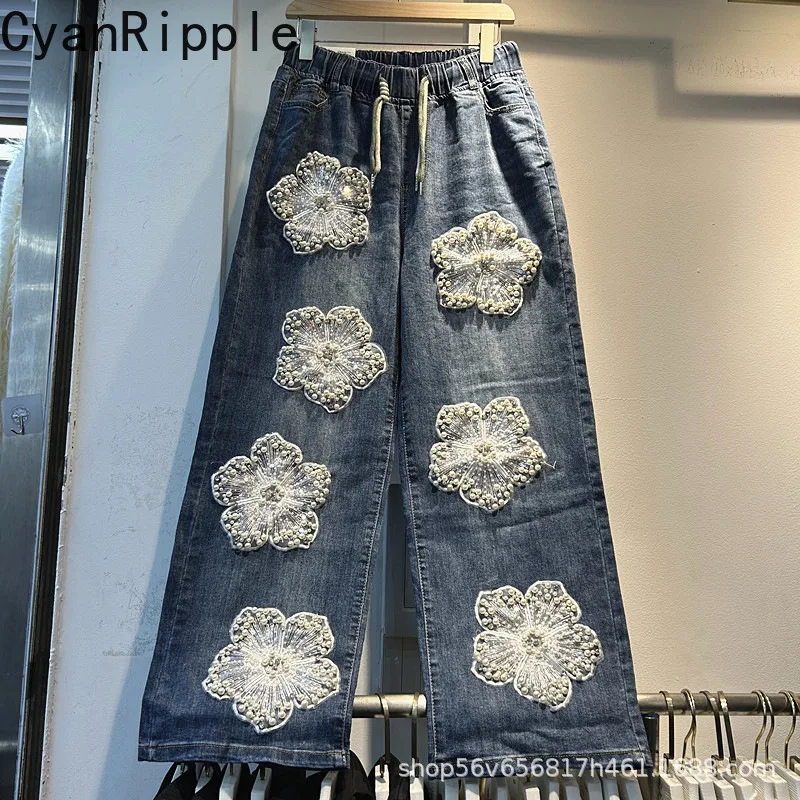 Trendy Embroidery 3d Flowers Beading Women Denim Trousers 2026 New Spring Summer All-match Elastic Waist Wide Leg Denim Pants