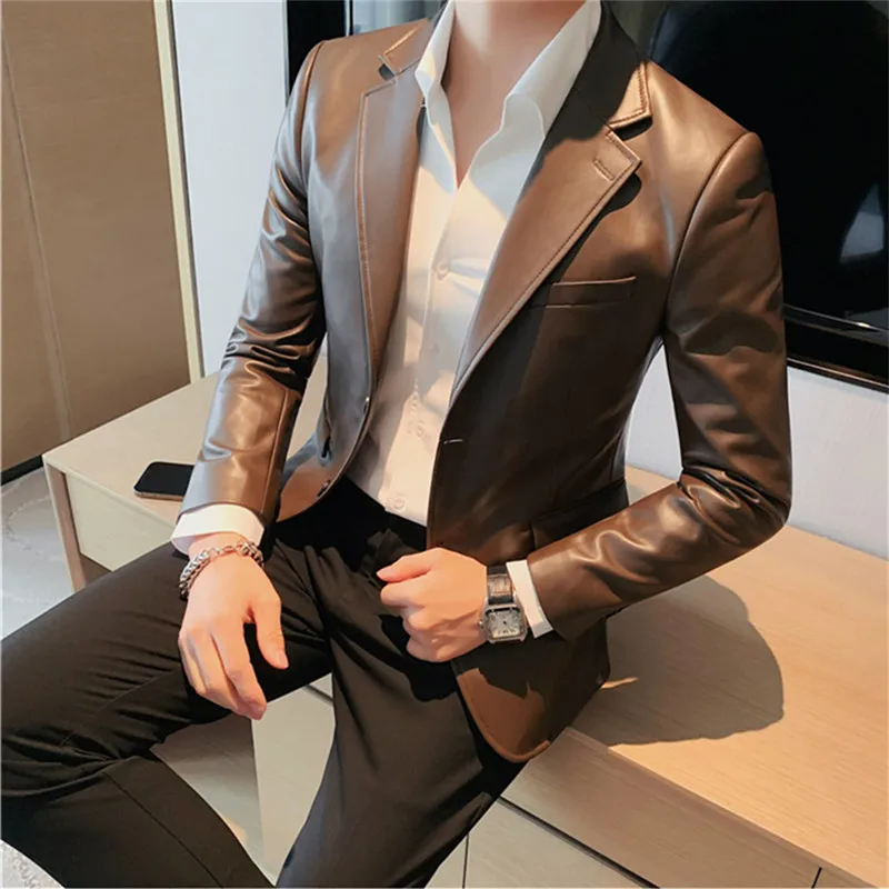 Autumn Winter Men\'s Leather Jackets Fashion Slim Solid Color Turn Down Collar Leather Blazer Coats Men Business Casual PU Jacket