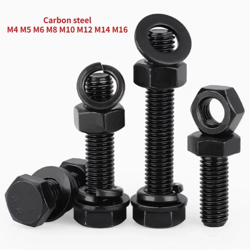 2-100Sets 8.8 Grade Black Hexagonal Screw Nut High-strength Combination Flat Pad Elastic Pad Set M4 M5 M6 M8 M10 M12 M14 M16