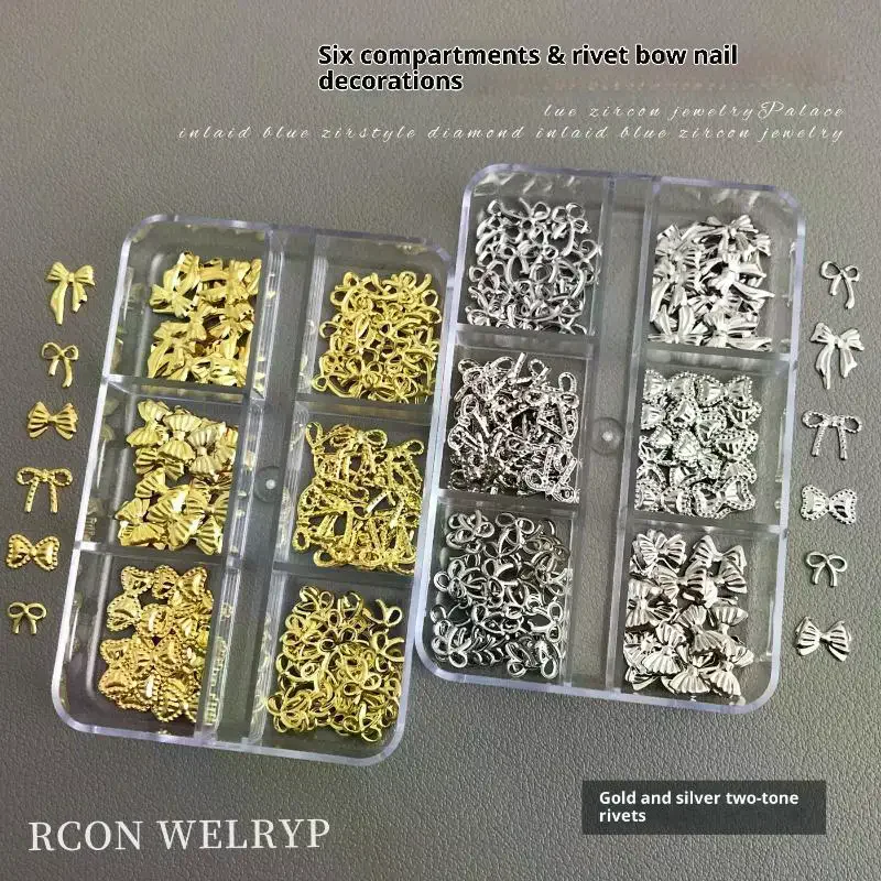 6 Grids DIY Bow Metal Nail Charms Sequin Thin Sheet Rhinestone Gold Silver Nail Art Decoration For Manicure