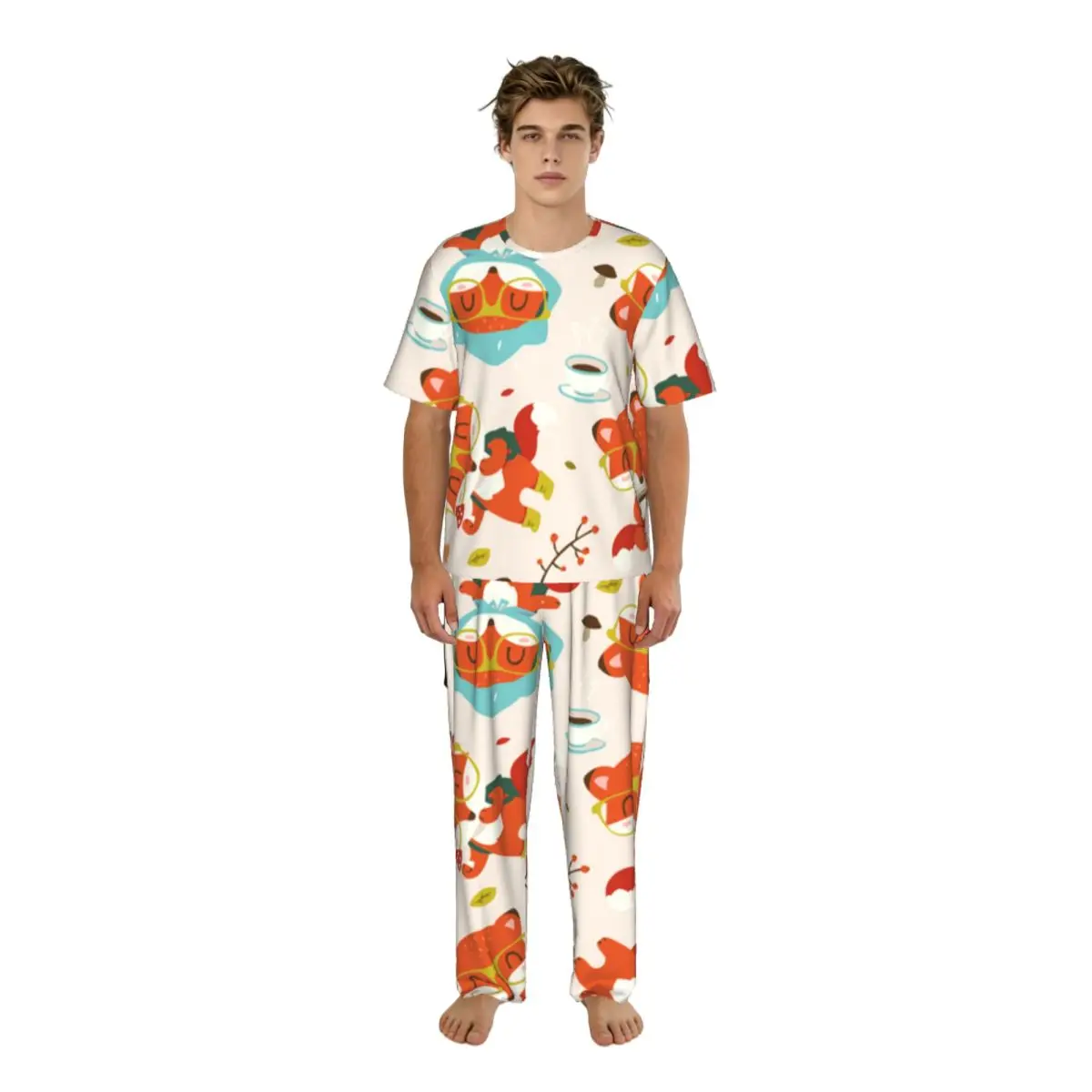 

Мужская пижама с короткими рукавами, комплект из двух предметов: брюки и рубашка, домашний костюм с мультяшным принтом лисы, одежда для сна.