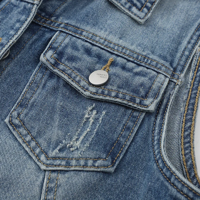 Single Breasted Women Denim Jacket Vest Short Outerwear Large size Sleeveless Slim Hole Jeans Jacket Waistcoats Casual Tops 3XL
