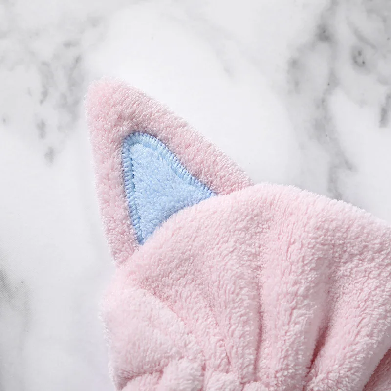 Lovely Cat Ear Shape Microfiber Hair-drying Towel Bath Cap Strong Absorbing Drying Soft Special Dry Hair Cap Towel Coral Velvet