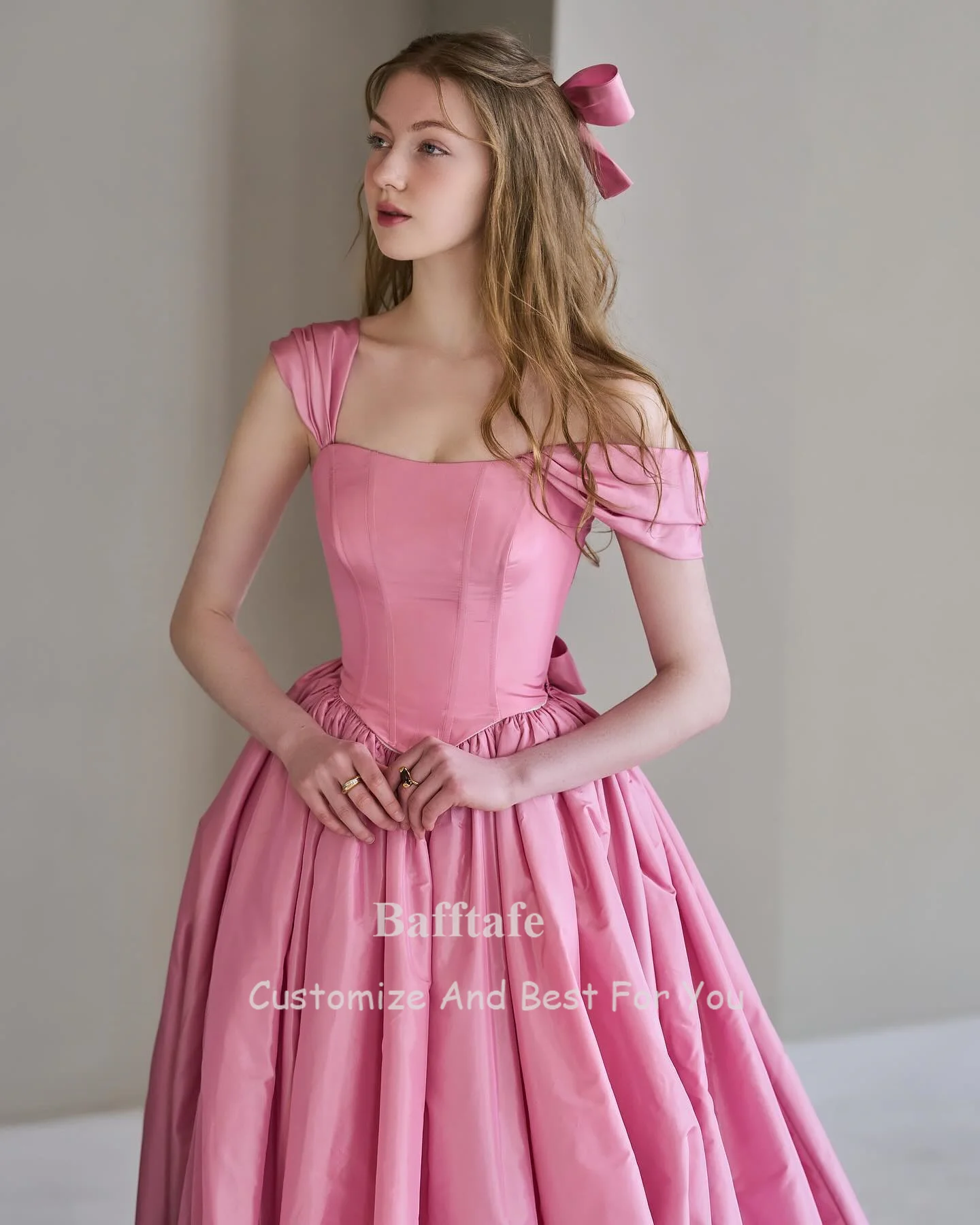 Pink Korea A Line Taffeta Prom Dresses Different Styles Women Formal Party Dress Bow Spaghetti Strap Evening Gowns Customized