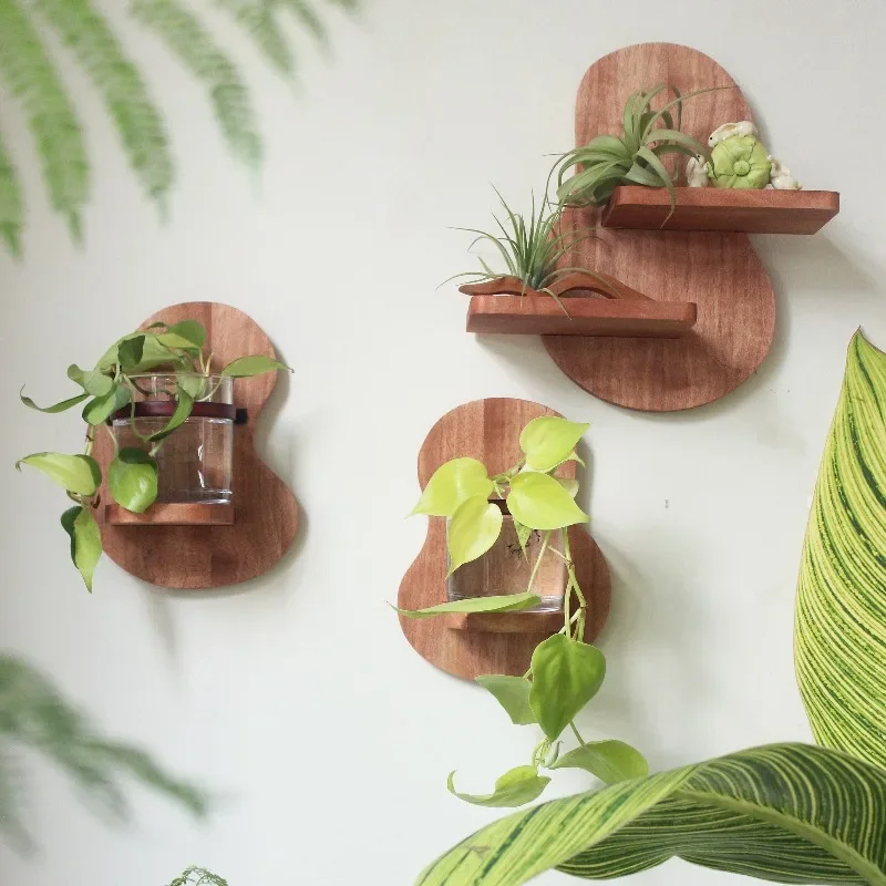 1PC Retro Style French Solid Wood Shelf Hydroponic Glass Vase Wall Decoration Wall Plant Rack Home Decoration