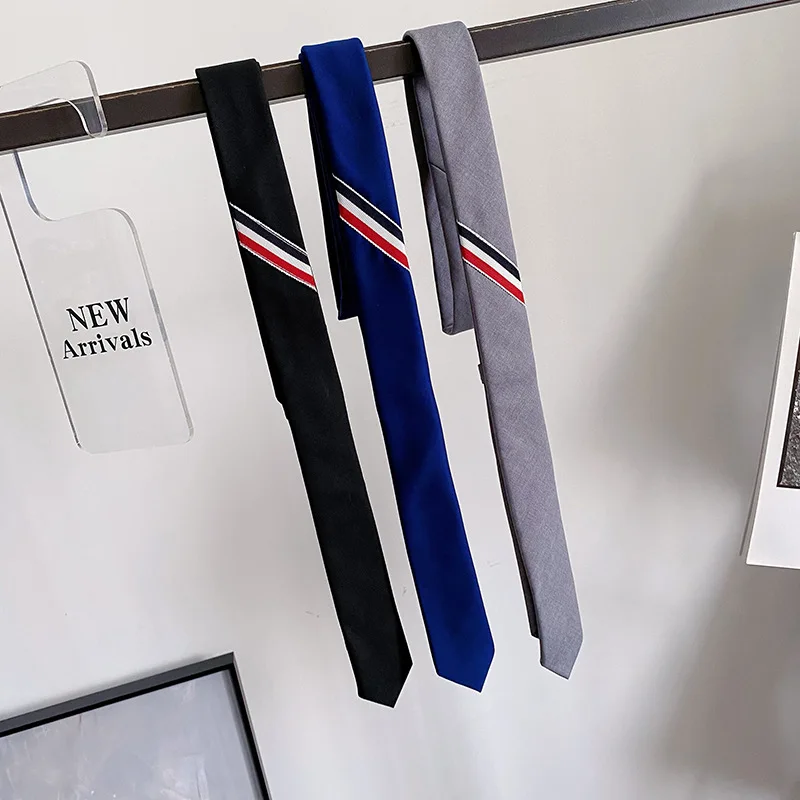 Korean TB Tri Color Ribbon 145CM British Grey Wool Tie Men's and Women's Formal Business Navy Narrow Edition