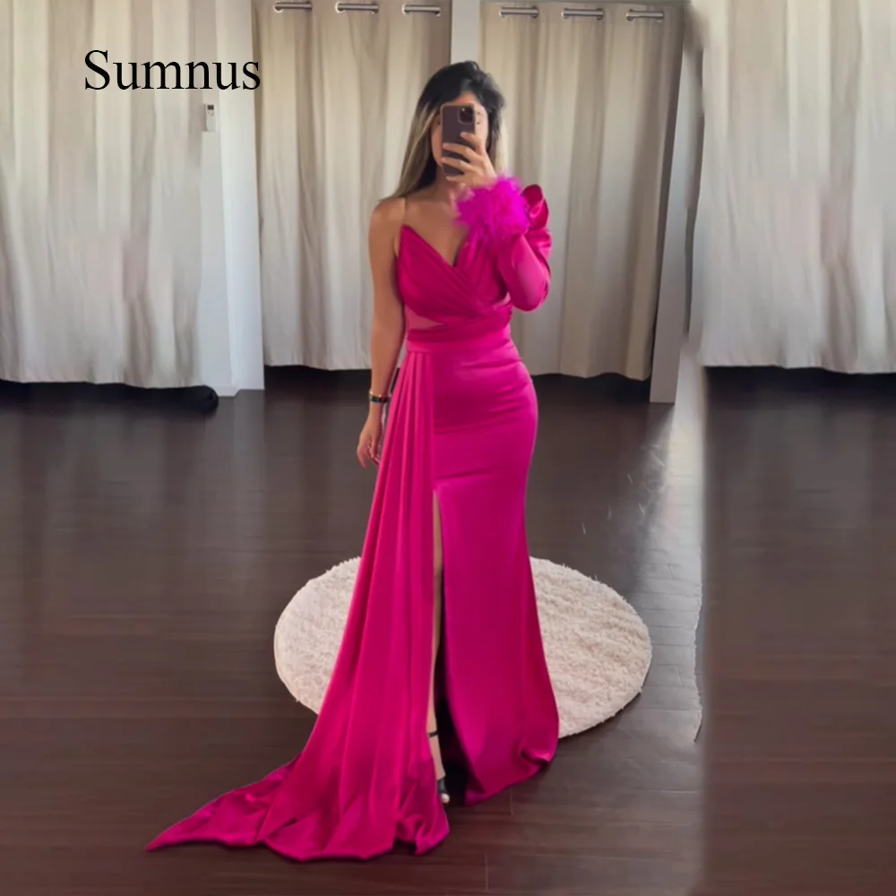 

Sumnus Hot Pink Mermaid Evening Dresses Feather One Sleeve Side Split Bodycon Sexy Prom Party Dress Draped Satin Event Gowns