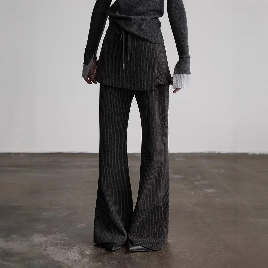 Autumn New Design Black Temperament Long Pants Fake Two Slim and Versatile Bootcut Casual Skirt Pants for Women