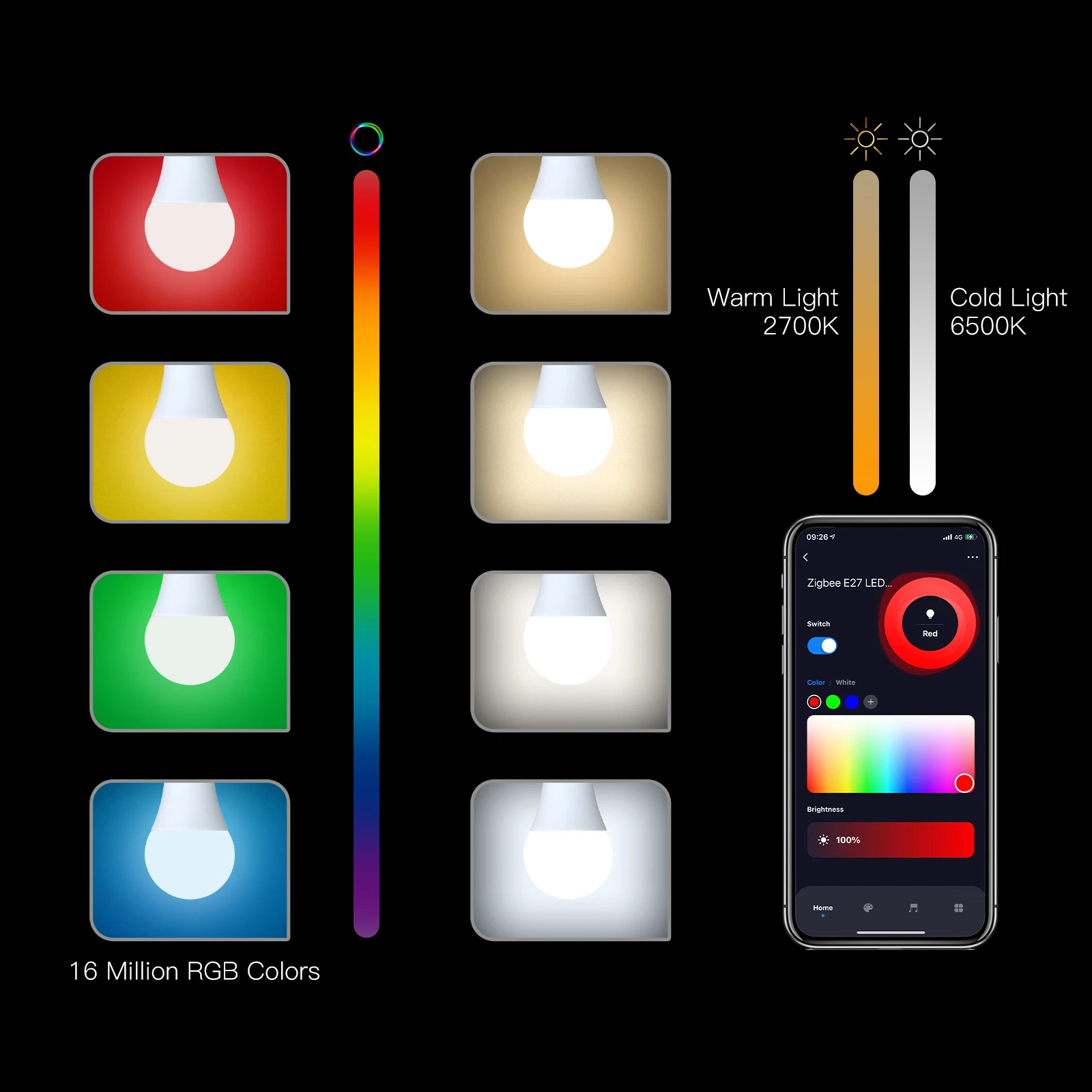 MOSE 투야 지그비 스마트 LED 전구, RGB E27 밝기 조절 가능, 앱 원격 제어, 알렉사 구글 홈 음성 제어, 1-9 개 9W AC90-240V