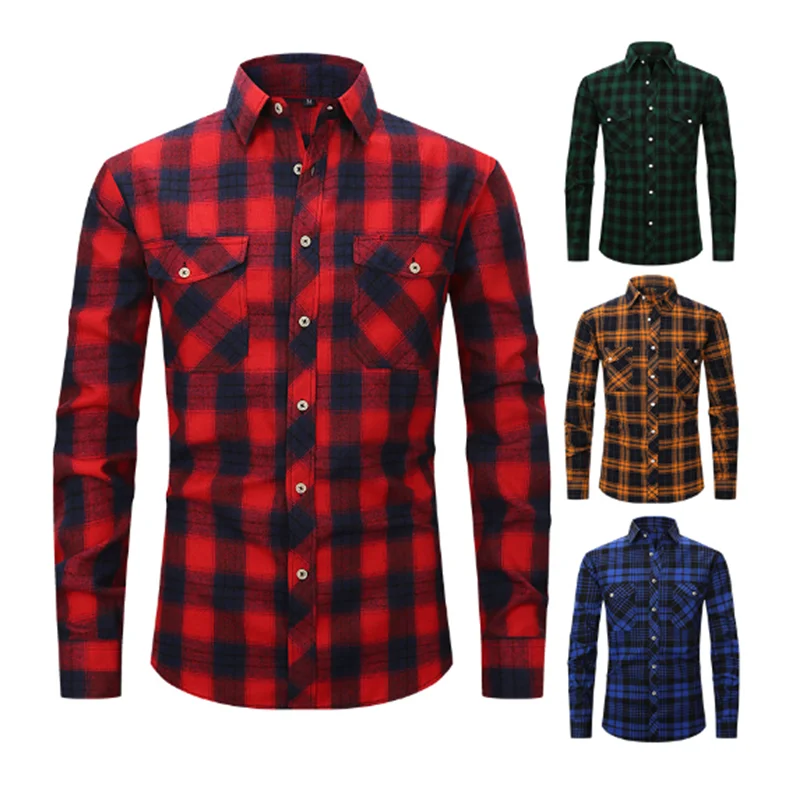 

Men's Brushed Plaid Long Sleeve Shirt Men's Four Season Premium Long Sleeve Double Pocket Fashion Flannel Shirt C0027