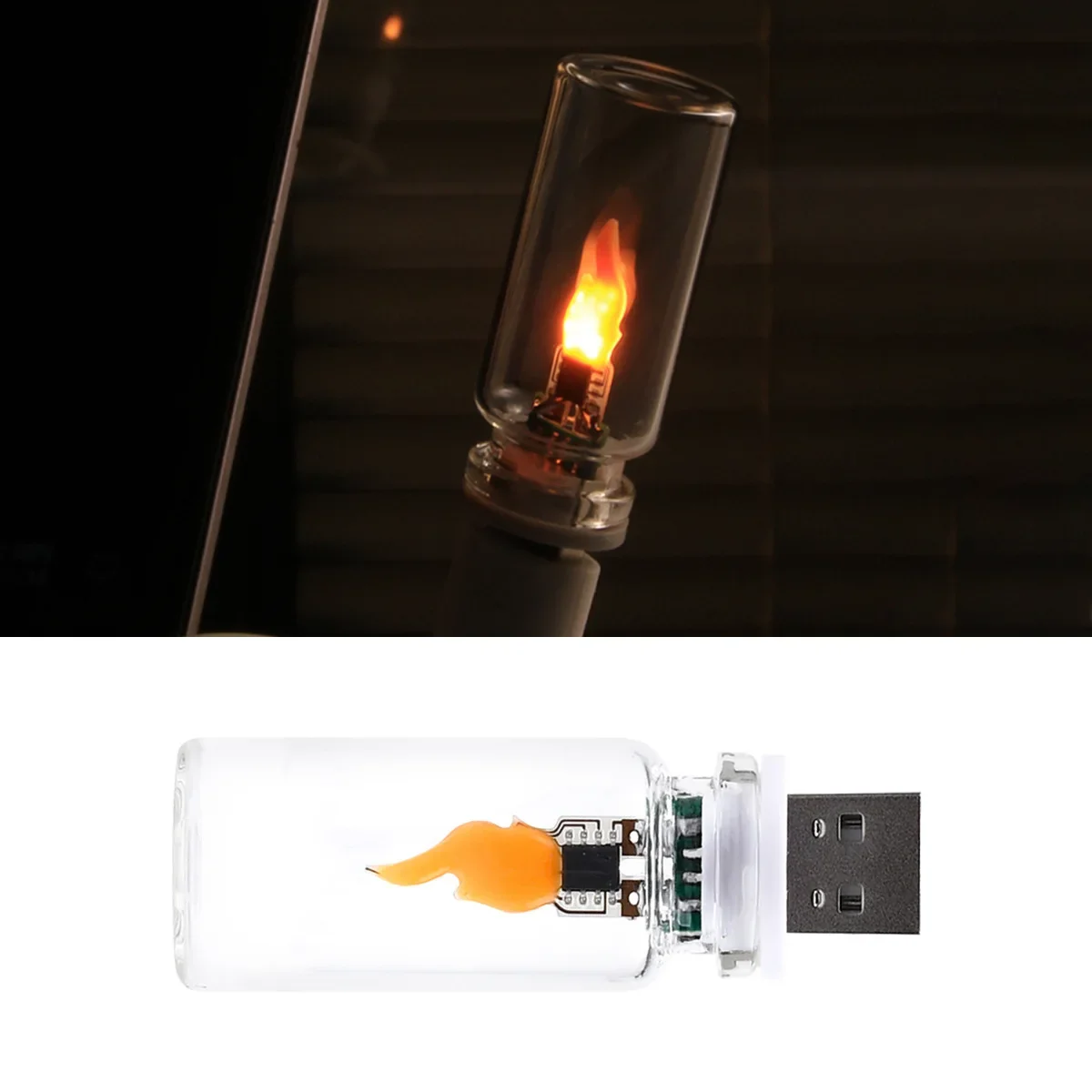 5V USB LED Night Light With Realistic Flame Effect Touch Activation And Transparent Glass Body For Vehicle Use