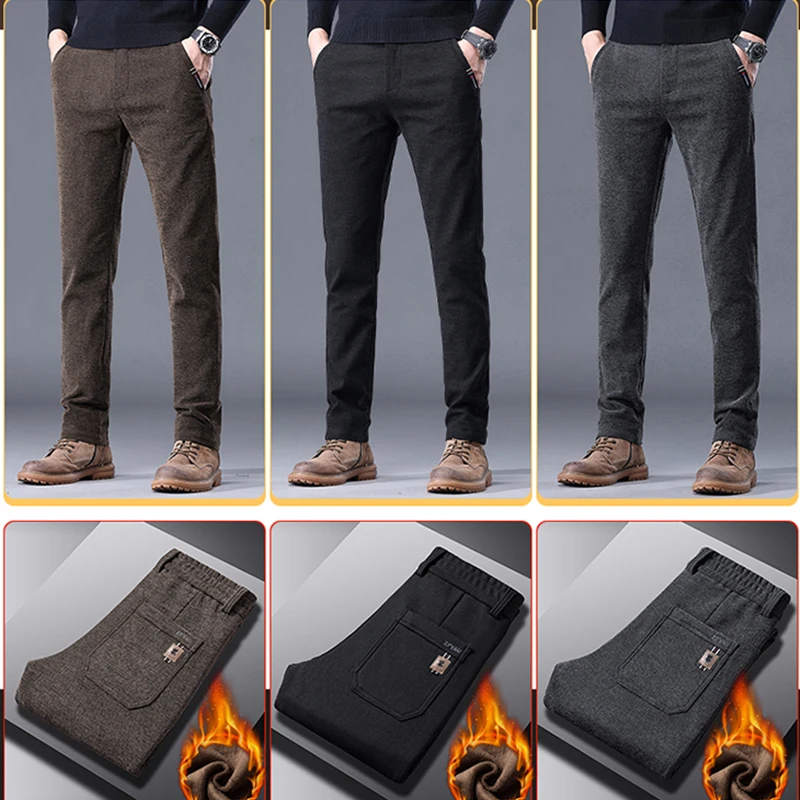 Autumn Winter Fleece Casual Pants Men Thick  Business Slim Elastic Waist Stretch Brand Clothes Work Trousers Male